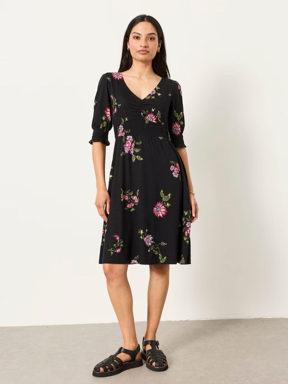 Fat Face Black Floral V-Neck Midi Dress with Pink and Purple Blooms